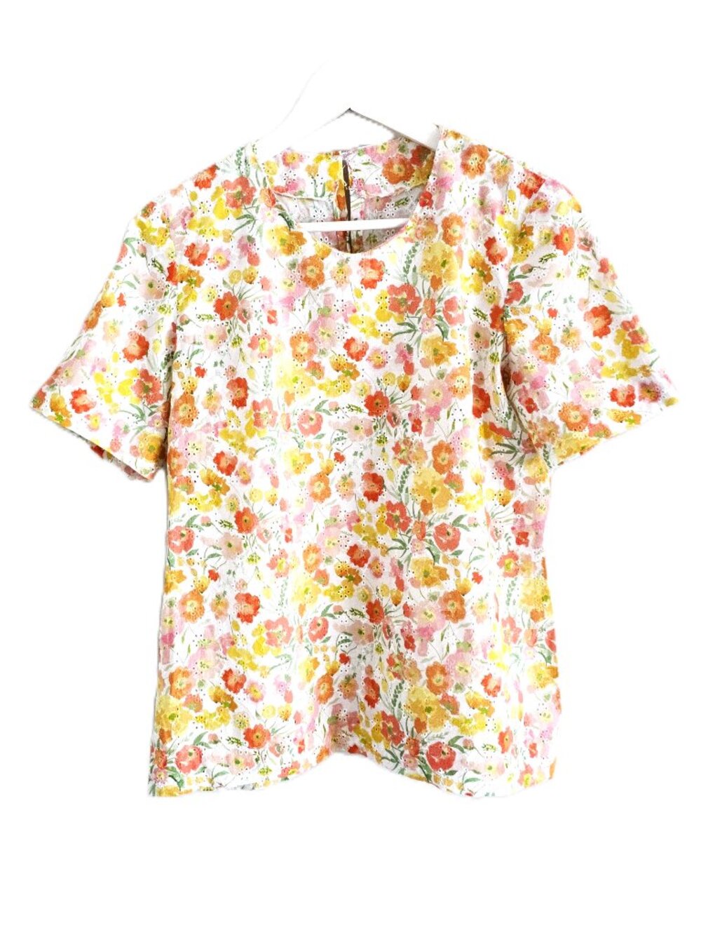 Handmade yellow & orange floral print eyelet top
